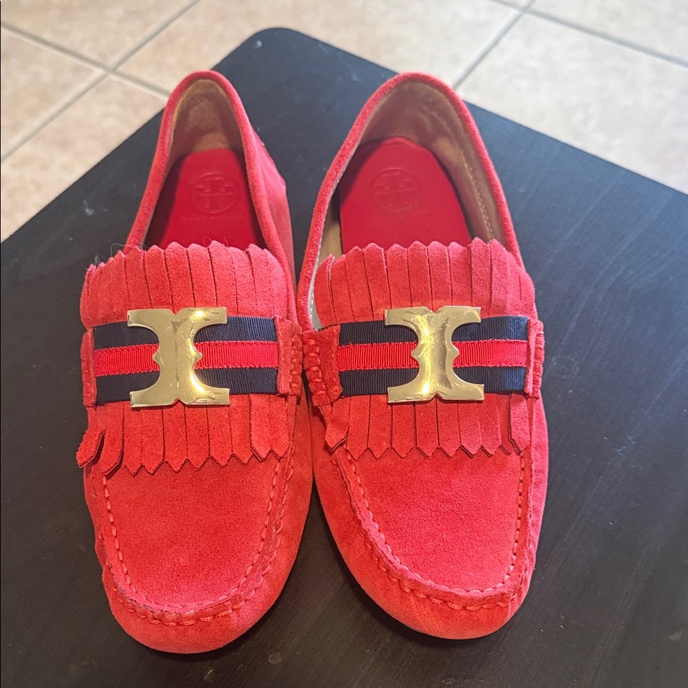 Tory Burch Red Suede Loafers with Gold Accent
